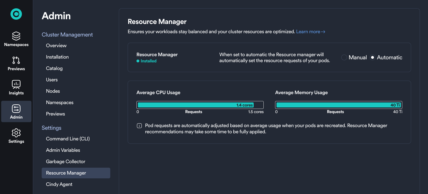 Resource Manager settings in the Admin Dashboard with the Automatic toggle enabled and CPU and memory usage charts